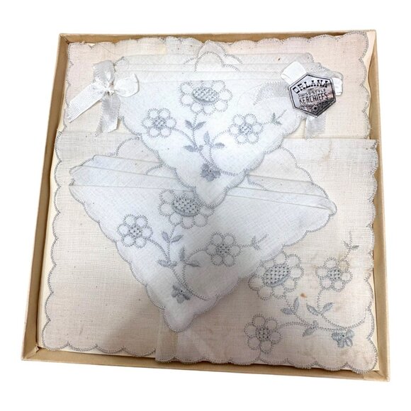 Vintage Swiss Style Orlana Embroidered Linen Handkerchief Set Elegant Gift Box - Picture 2 of 3